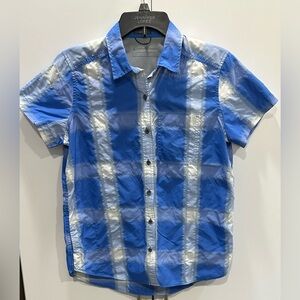 Eddie Bauer Ripstop Guide Shirt Blue White Plaid Vented Mens Small Short Sleeve